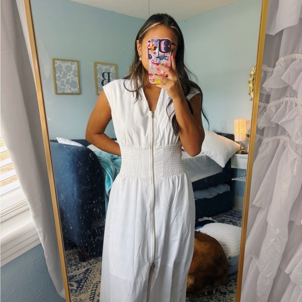 White Women's Zip-Front Dress  Smocked Waist